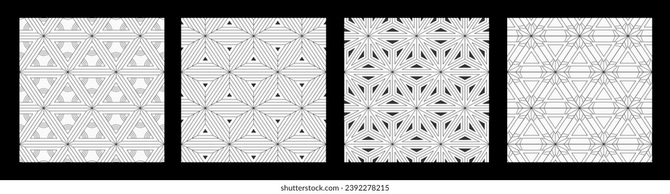 Set of four abstract seamless patterns with triangles. Outline stylish geometric lattice. Ornamental triangles patterns. Black and white vector backgrounds. Geometric tiles patterns.
