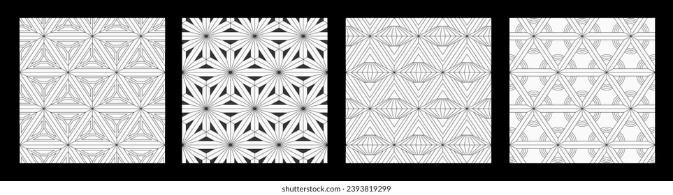 Set of four abstract seamless patterns with triangles. Outline stylish geometric lattice. Ornamental triangles patterns. Black and white vector backgrounds. Geometric tiles patterns.