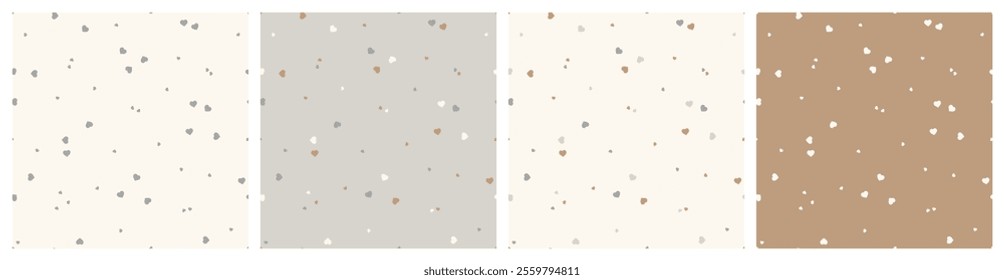 Set of four Abstract Seamless Patterns with Small Heart Confetti. Love Background with Hearts for Valentine's day or Birthday.