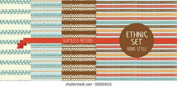 set of four abstract seamless patterns in boho style, vector illustration