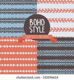 set of four abstract seamless patterns in boho style with hand drawn floral elements, vector illustration