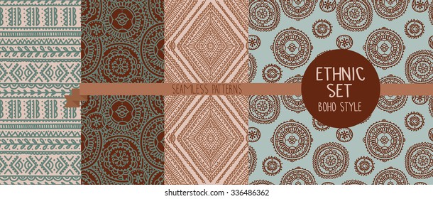 set of four abstract seamless patterns, doodle ornaments in boho style, vector illustration