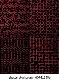 Set of four abstract seamless patterns.  Labyrinth outline patterns.