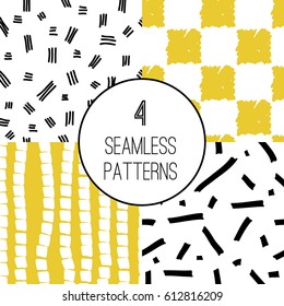 Set of four abstract seamless patterns. Hand drawn designs for backgrounds, textile, fabric, paper. Modern simple minimalist texture, freehand doodles. Lines, squares. Vector illustration