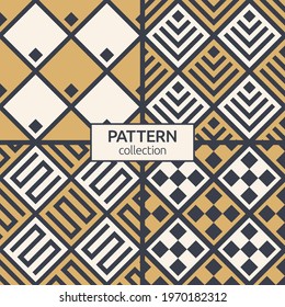 Set of four abstract seamless rhombuses patterns. Checkered tiles. Minimalistic graphic print, geometric ornaments. Vector color backgrounds.