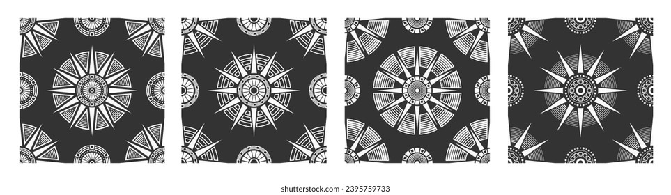 Set of four abstract seamless vector pattern with round symmetrical geometric shapes, sun symbols. Tribal pattern. Geometric shapes pattern. White shapes, isolated on black background.