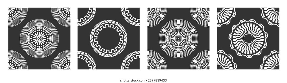 Conjunto de cuatro patrones vectoriales abstractos sin fisuras con formas geométricas redondeadas, símbolos. Patrón tribal. Patrón de formas geométricas. Formas blancas, aisladas en un fondo negro.