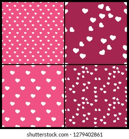 Resumen de cuatro patrones singulares de corazón blanco, morado y rosa - diseño de tarjetas de San Valentín o vectores de fondo