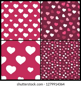 Set of Four Abstract Seamless White, Purple and Pink Heart Patterns - Valentine's Day Card or Background Vector Design
