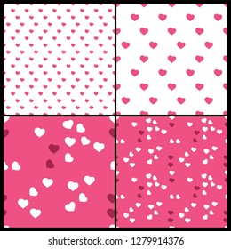 Set of Four Abstract Seamless White, Purple and Pink Heart Patterns - Valentine's Day Card or Background Vector Design