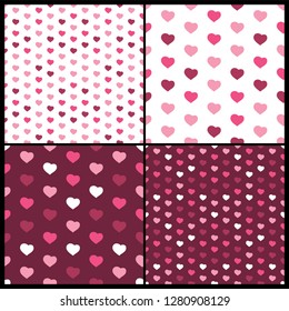 Resumen de cuatro patrones singulares de corazón blanco, morado y rosa - diseño de tarjetas de San Valentín o vectores de fondo