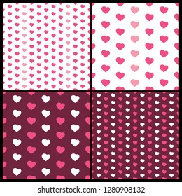 Set aus vier abstrakten, nahtlosen, weißen, violetten und rosafarbenen Herzmustern - Valentinstag-Karte oder Hintergrund-Vektordesign