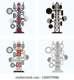 Set of four abstract  silhouette and line art industry icons featuring abstract decorative telecom tower illustrating modern electronic networks, telecommunications and communication technologies. 