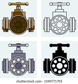 Set of four abstract  silhouette and line art heavy industry icons featuring oil and gas or water or chemicals manual faucet industrial equipment. 
