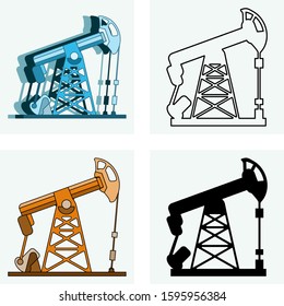 Set of four abstract  silhouette and line art heavy industry icons featuring  oil pump jacks,  crude oil and gas industry infrastructure, industrial equipment. 