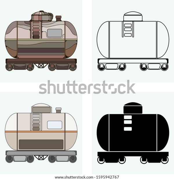 Set of\
four abstract  silhouette and line art heavy industry vector icons\
featuring of oil or gasoline railroad tanker cars, industrial\
equipment, oil and gas cargo freight transport.\
