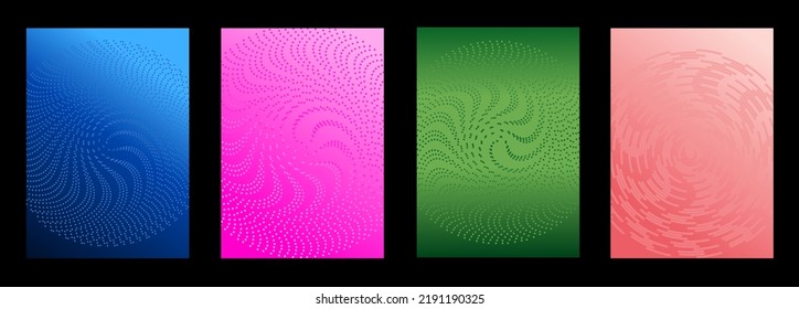 Conjunto de cuatro líneas de trazo con puntas espirales abstractas. Fondo de las ilustraciones vectoriales. Dinámica de la línea de ritmo de onda espiral. Patrón moderno para el diseño divertido de las plantillas de portada de folletos.