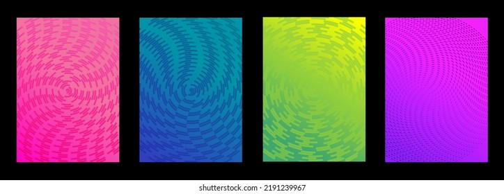 Set of four abstract Spiral Dotted stroke lines. Vector illustrations background. Spiral wave rhythm line dynamic. Modern pattern for funny brochure cover template design.