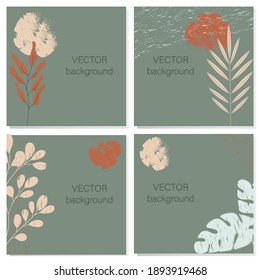 Set of four abstract square backgrounds in a minimalist style. Elements of plants in the design of postcards, flyers, invitations, flyers, business cards, banners. Model for use in social networks. 