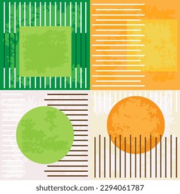 set of four abstract striped backgrounds featuring circled and squared shapes