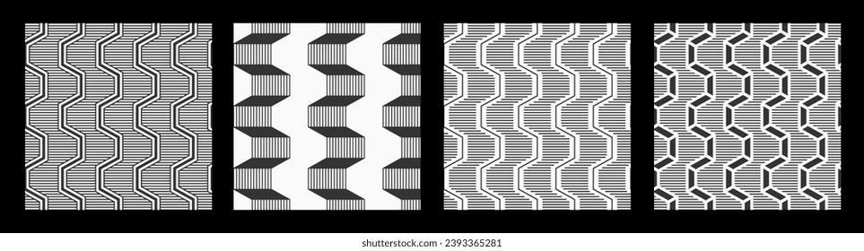 Set of four abstract striped seamless patterns. Hexagonal zigzag geometric pattern with stripes. Geometric grid striped patterns. Black and white seamless vector backgrounds.