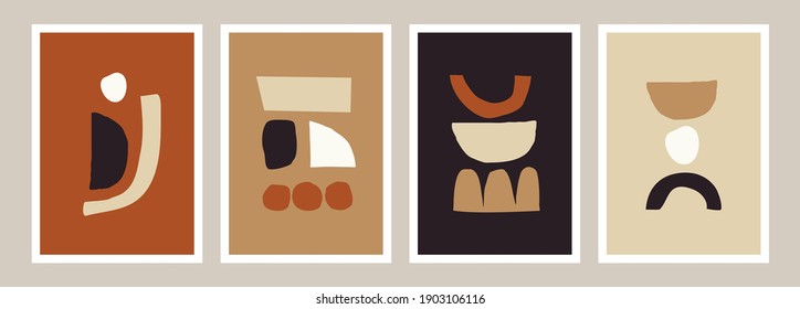 A set of four abstract style art print templates. Organic and geometric shapes compositions in beige, brown, cream, black