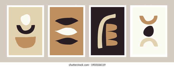 A set of four abstract style art print templates. Organic and geometric shapes compositions in beige, brown, cream, black