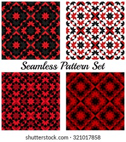 Set of four abstract stylish geometric seamless patterns with different shapes of red, black, grey and white shades