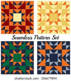 Set of four abstract stylish geometric seamless patterns with triangles and squares of different colors