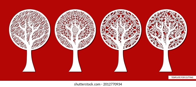 Conjunto de cuatro árboles estilizados abstractos. Coronas redondas de copos de nieve, hojas, patrones, adornos de encaje. Simboliza las estaciones cambiantes - primavera, verano, invierno, otoño. Plantilla para el corte por láser de trazador