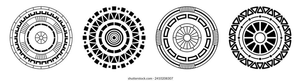 Satz von vier abstrakten symmetrischen kreisförmigen Ornamenten. Räder. Rosetten geometrischer Elemente. Stammesmotiv Bleistifttätowierung und Drucke. Runde Muster. Dekorative Vektordesign-Elemente.