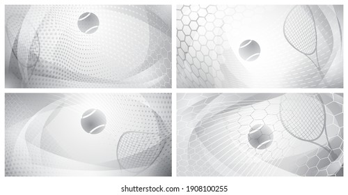 Set of four abstract tennis backgrounds with ball and racket in white and gray colors