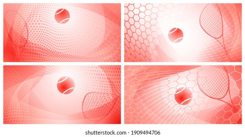 Juego de cuatro antecedentes abstractos de tenis con bola y raqueta en colores rojos claros
