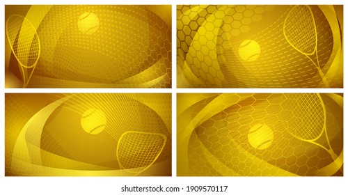 Set of four abstract tennis backgrounds with ball and racket in yellow colors