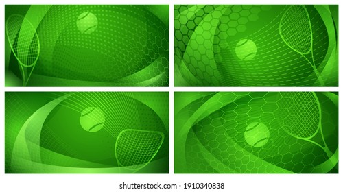 Satz von vier abstrakten Tennishintergründen mit Ball und Schläger in grünen Farben