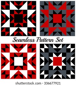 Set of four abstract trendy geometric seamless patterns with triangles and squares of red, black, grey and white shades