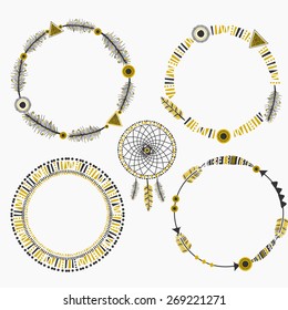 A set of four abstract tribal design frames and a dream catcher with feathers and geometric design elements.