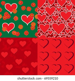 Set of four abstract Valentine backgrounds with symbols of hearts. Seamless pattern. Vector illustration.
