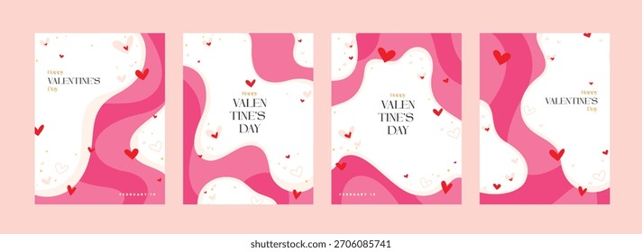Set of four abstract Valentine's Day vertical backgrounds or cards featuring liquid wavy shapes, floating hearts, and "Happy Valentine's Day" text.