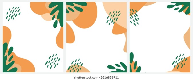 A set of four abstract vector backgrounds featuring fluid organic shapes in shades of orange and green on a clean white backdrop. These versatile designs are perfect for various creative projects.