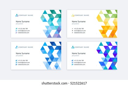 Set of four abstract vector business cards with colored triangular shapes, logos and icons.