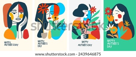 Set of four abstract vector illustrations celebrating Mother's Day, featuring stylized female figures with plants and flowers in a modern, simplistic art style. Foto stock © 