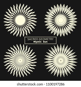 Set of four abstract vector linear circles. Sacred geometry. Round logo. Technology circle emblem. Design element. Mystic Sun. Magic ornament. Alchemy, religion, spirituality. Vector illustration.