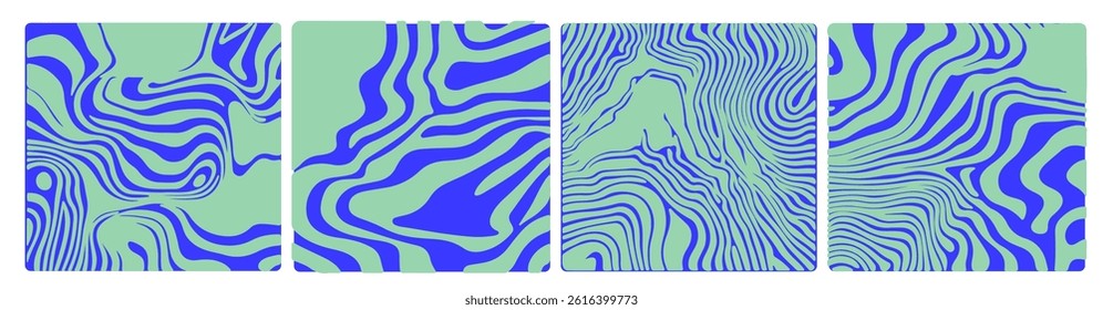 Set of four abstract vector patterns with wavy blue and green lines. Modern, organic designs inspired by topography and zebra stripes, perfect for backgrounds or contemporary art projects.