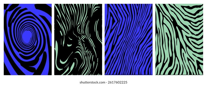 Set of four abstract vector patterns with wavy blue and green lines. Modern, organic designs inspired by topography and zebra stripes, perfect for backgrounds or contemporary art projects.