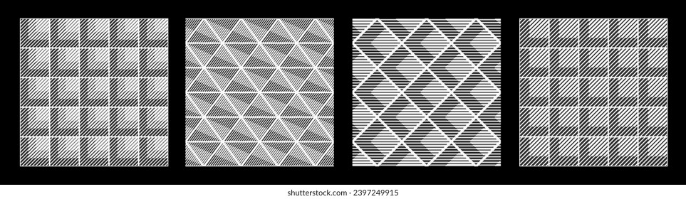 Set of four abstract vector seamless patterns. Striped geometric shapes patterns. Rhombuses, squares and triangles patterns. Geometric ornaments. Monochrome halftone lines grid patterns.