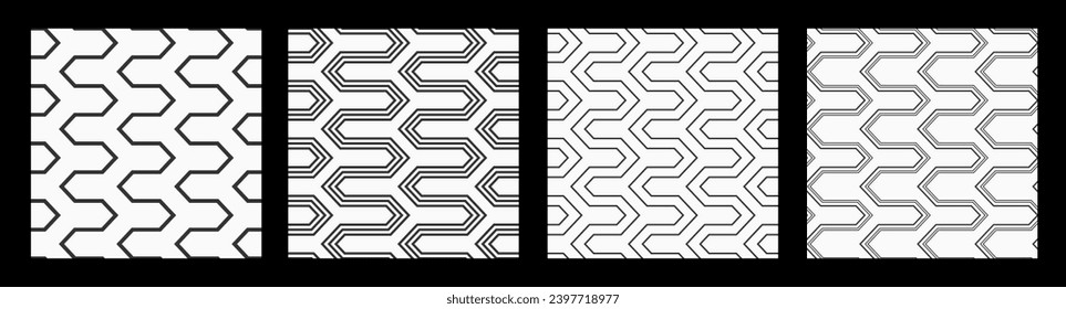 Set of four abstract vector seamless patterns. Hexagonal zigzag geometric patterns. Black and white zigzag lines backgrounds.