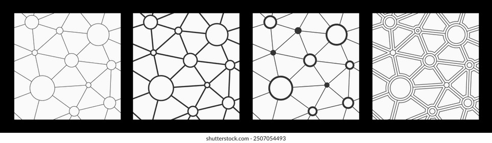 Set of four abstract vector seamless patterns. Geometric lattice with lines and circles, molecules. Molecular lattice. Abstract grid with circles in nodes. Black and white seamless backgrounds.