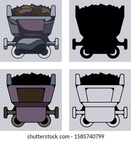 Set of four abstract  vector silhouette and line art mining cart icons  featuring mining,  metallurgy, heavy industry equipment, and construction. 