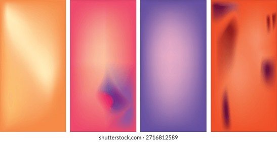Conjunto de cuatro fondos de gradiente de malla de Vertical abstracta con suaves mezclas de colores naranja, rosa y púrpura adecuados para historias de redes sociales y Fondos de pantalla móviles

